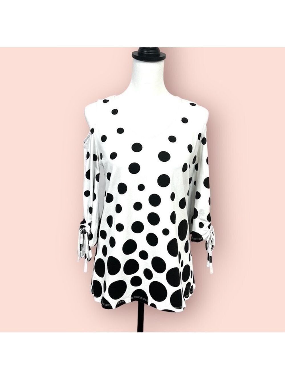 Vecceli Italy Cold Shoulder V-Neck Tunic White Black Dots Size S - Picture 6 of 13
